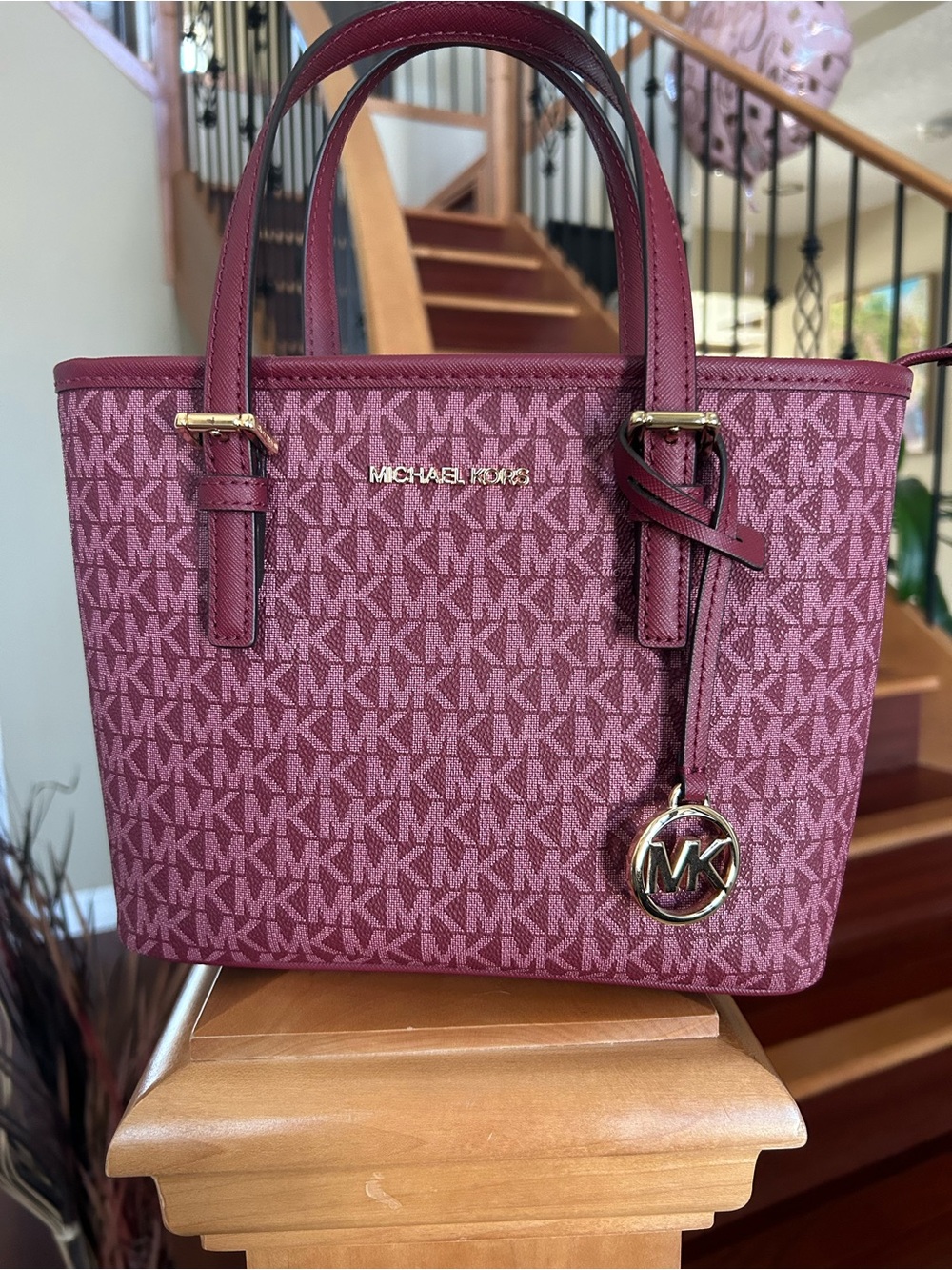 Michael Kors Burgundy Signature MK Tote with Gold Hardware